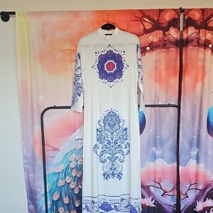 Chic Long Sleeve Vietnamese Dress with Blue, Purple Floral Design